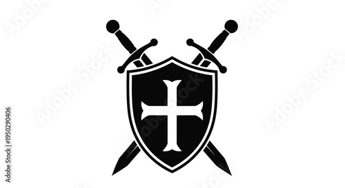 A stark black and white image depicts two crossed swords positioned behind a shield adorned with a cross high quality professional