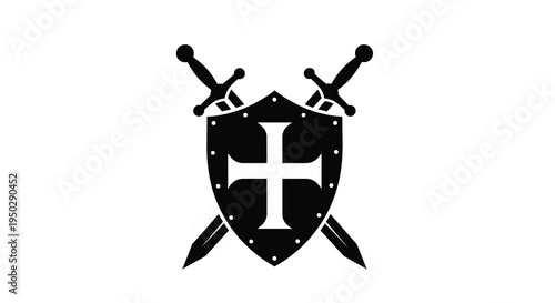A stark black silhouette depicts a medieval shield adorned with a cross crossed by two swords high quality professional
