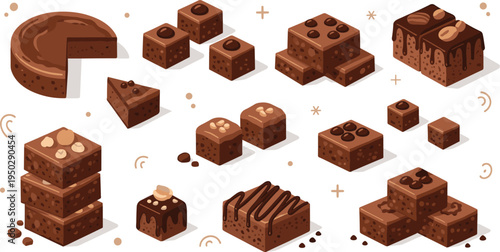 Assorted chocolate brownies and fudge cake slices vector illustration set featuring various toppings like nuts chocolate chips and ganache drizzle.