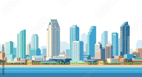 Illustration of a city skyline with tall buildings and a body of water in front with a blue color palette.
