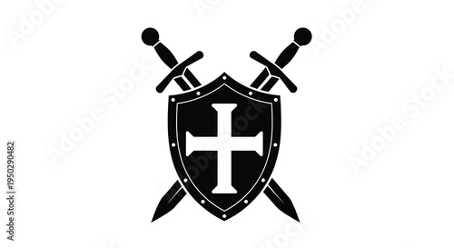 A striking black silhouette depicts two crossed swords positioned behind a shield bearing a prominent white cross high quality
