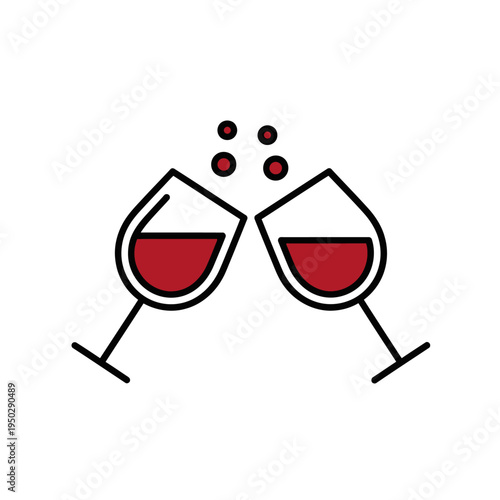 Two wine glasses clinking with red wine and bubbles, celebration toast