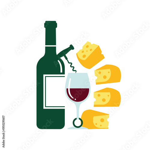 Wine Bottle, Corkscrew, Wine Glass, and Cheese Slices - Appetizer Concept
