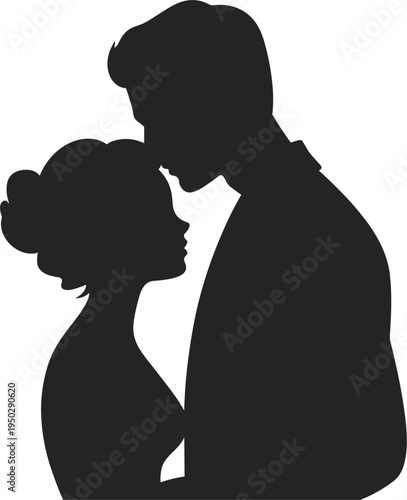 Romantic young couple silhouette vector, man kissing woman on forehead for Valentines Day and wedding design