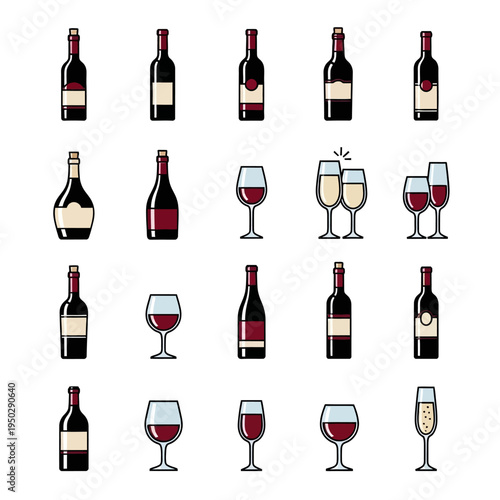 Wine Bottles and Glasses Assortment, Red and White Wine, Celebration Drinks