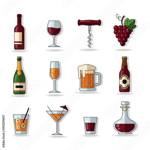 Alcoholic Drinks Collection: Wine, Beer, Cocktails, Champagne, Spirits, Grapes, Corkscrew