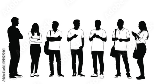 A group of diverse individuals are shown in silhouette most engaged with their mobile phones illustrating modern connectivity