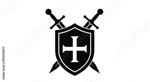 A stark black and white depiction features two crossed swords beneath a shield adorned with a cross high quality professional detailed