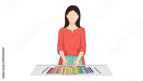Artistic Palette: An artist at work, surrounded by a colorful array of pencils on a table, ready to bring imagination to life.
