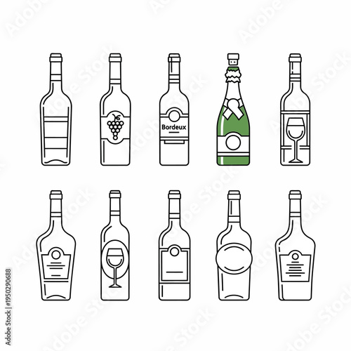 Collection of Wine and Champagne Bottles Line Art Icons
