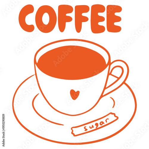 Coffee hand drawn doodle with cup saucer and sugar cafe drink illustration
