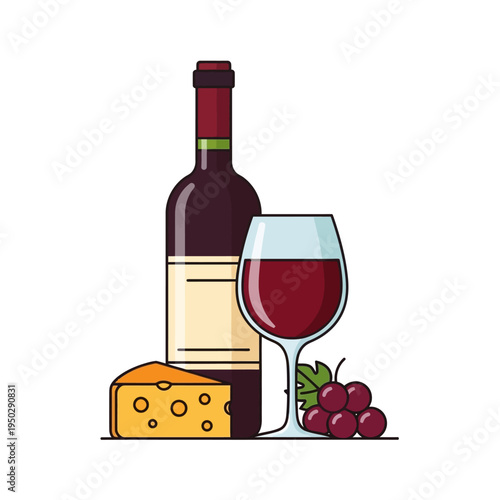 Red Wine Bottle, Glass, Cheese, and Grapes: A Classic Pairing