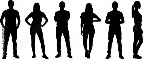 Six black silhouettes of people posed