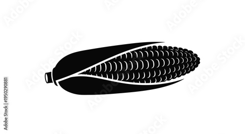 A striking black and white illustration depicts a partially husked ear of corn revealing its kernel rows high quality professional detailed