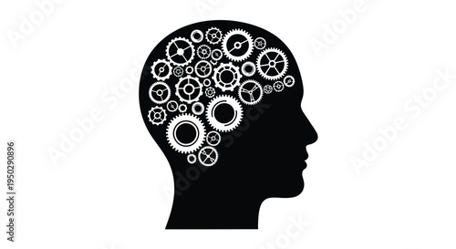 A striking silhouette of a human head is filled with intricate overlapping white gears symbolizing thought and mechanical processes