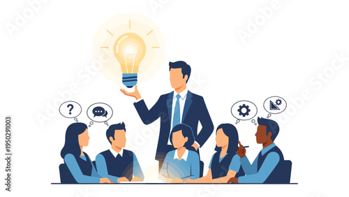 Illumination of Ideas: A group of professionals engage in collaborative brainstorming. One individual holds a glowing lightbulb, representing inspiration.