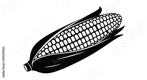 A black and white illustration depicts a single ear of corn with its husk partially peeled back showcasing kernels