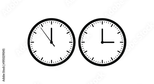 A minimalist depiction showcases two analog clocks with distinct times presented in a simple black and white style high quality professional