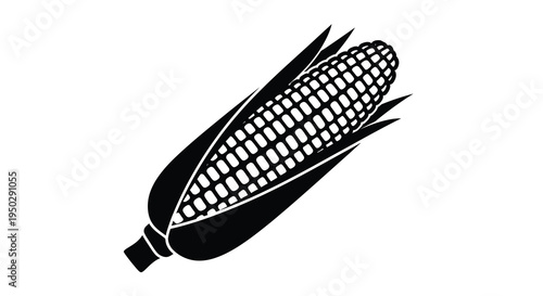 A stark black and white illustration depicts a single ear of corn showcasing its textured kernels and leafy husk high quality