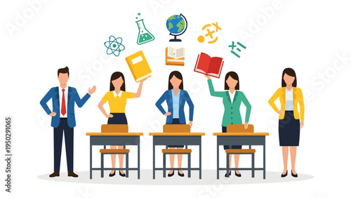 Empowering Minds: A dynamic group of educators, each holding a symbol of learning, radiates knowledge and inspires progress in the realm of education.