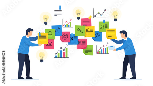 Creative Ideas in Action: Two individuals collaborate, curating a vibrant collage of innovative concepts, represented through sticky notes and illuminating light bulbs.