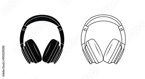 A graphic illustration showcases a pair of over ear headphones in both solid black and white line art styles