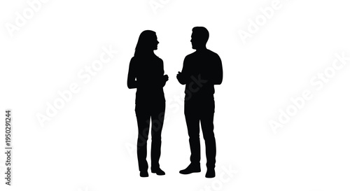 A stark silhouette depicts a man and woman engaged in conversation their forms defined against a bright empty background