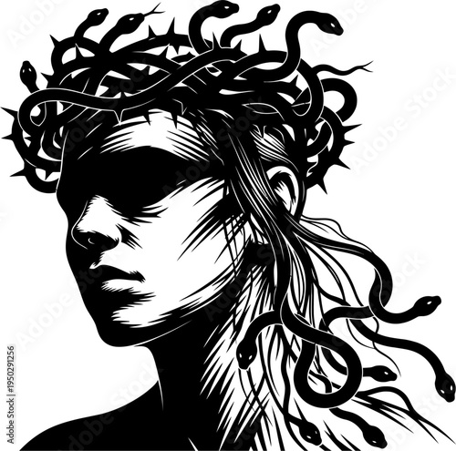 Medusa Gorgon profile snakes thorns long hair woodcut stencil