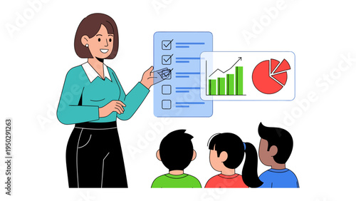Education with Data Visualization: A teacher demonstrates data on a digital interface to a small group of students, emphasizing visual representation and learning. 