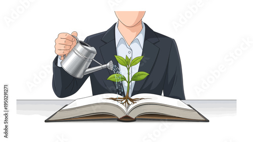 Nurturing Knowledge: A figure carefully waters a growing seedling atop an open book, symbolizing the cultivation of knowledge and growth.