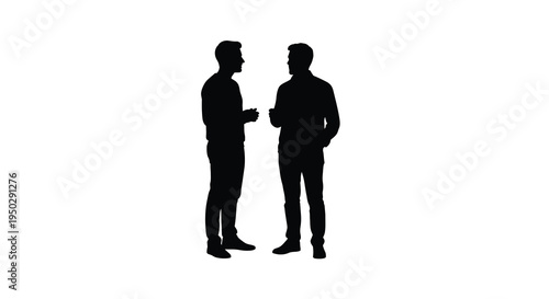 A stark silhouette depicts two men engaged in a face to face discussion their forms sharply contrasted against a bright background