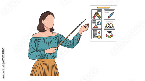 Teacher presenting an infographic: A teacher is actively presenting the visual information on a large paper. The teacher points at the infographics and explains them clearly.