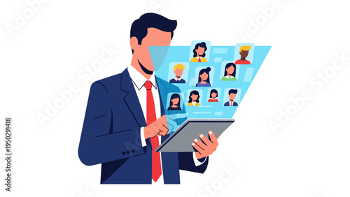 Human resources in the Digital Age: A business person, engrossed in a futuristic device, curates a virtual display of potential employees.