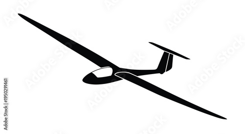 A sleek black silhouette of a glider plane is shown in flight against a plain white background high quality
