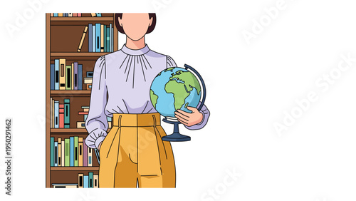 Educator with Globe: A poised educator holds a globe, standing before a bookshelf, symbolizing knowledge and the importance of global awareness.