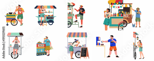 Set of flat vector illustrations featuring tourists eating mexican tacos from colorful street food carts and stalls in a city environment.
