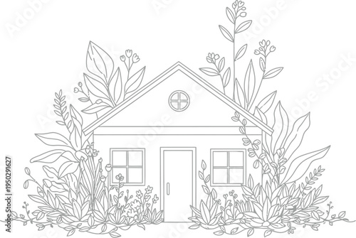 Charming line art illustration depicting a small, cozy house lovingly embraced by abundant natural foliage and blooming garden plants, symbolizing sustainable living.