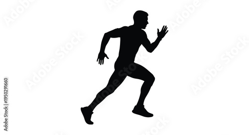 A stark silhouette depicts a man in mid stride powerfully running forward against a clean white background high quality professional