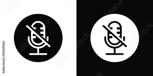 Microphone with a slash mute symbol in a solid circle. Vector icon representing audio off, silent mode, and microphone disabled. Essential UI element for video calls and conferencing apps.