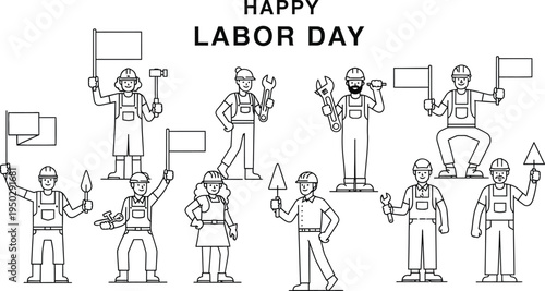Diverse construction workers celebrating labor day holiday holding tools and blank protest flags happily together