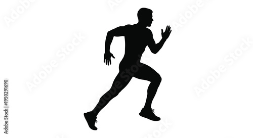 A stark silhouette of a man intensely running forward depicting motion and athleticism against a white background high quality