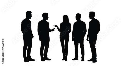 A group of six individuals are depicted in silhouette seemingly engaged in a lively conversation or discussion high quality
