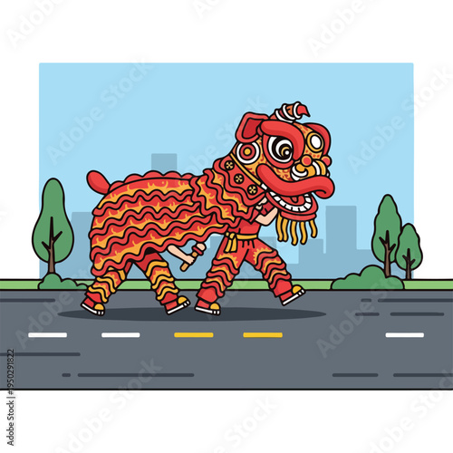 Chinese lion dance performance on city street during celebration festival