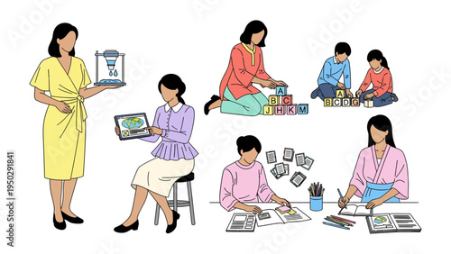 Moments of Modern Motherhood: A compilation of illustrations showcasing the multifaceted roles of a contemporary mother, navigating work, leisure, and family life with grace and ease.