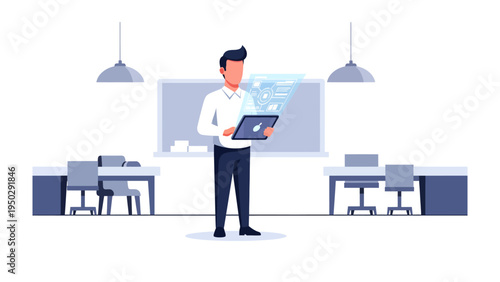 Business Analytics: A visionary professional, stands amidst a modern office setting, skillfully manipulating a digital interface.