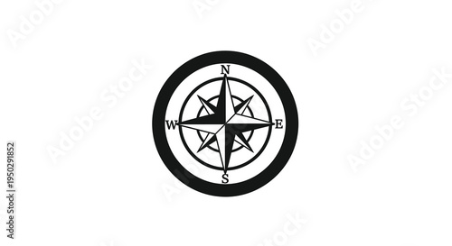 A stark black and white image depicts a classic compass rose featuring directional markings and a circular frame