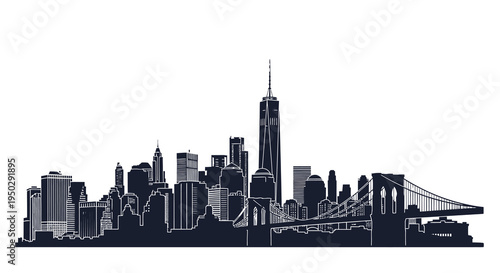 A striking black and white silhouette depicts the iconic new york city skyline featuring the empire state building and brooklyn bridge