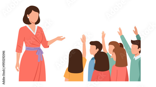Classroom Engagement: A teacher facilitating an interactive lesson, with students enthusiastically raising their hands to participate in a vibrant educational environment.