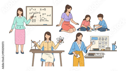 Educator's World: A collection of illustrations showcasing teachers in various educational settings. Capturing diverse classroom activities and interactions.