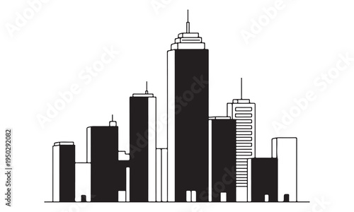 City skyline with tall buildings and skyscrapers in black and white